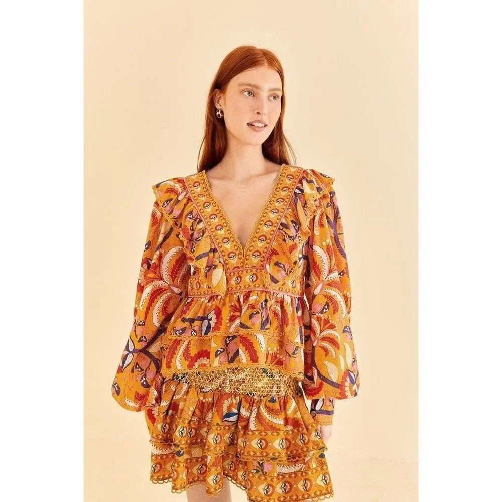 Farm Rio Palms Party Ruffled Blouse and Skirt SET XXS NEW